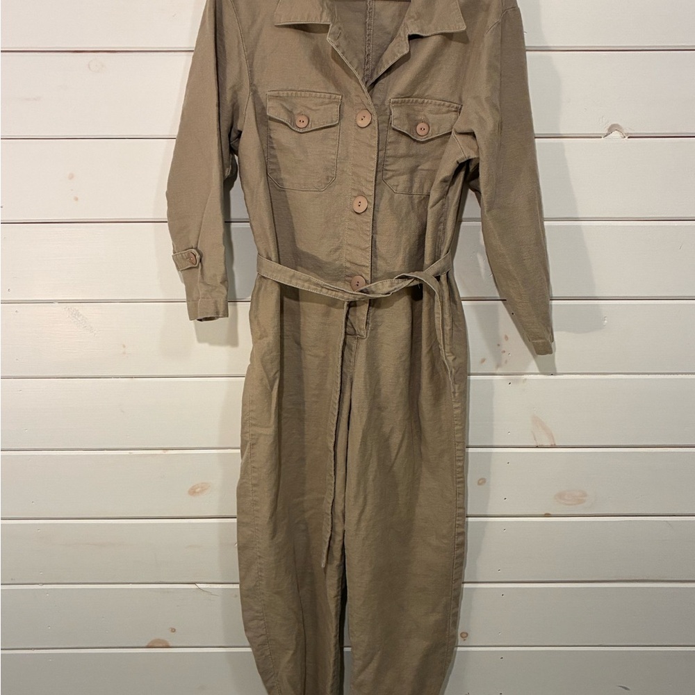 Tan Linen Jumpsuit with Belt